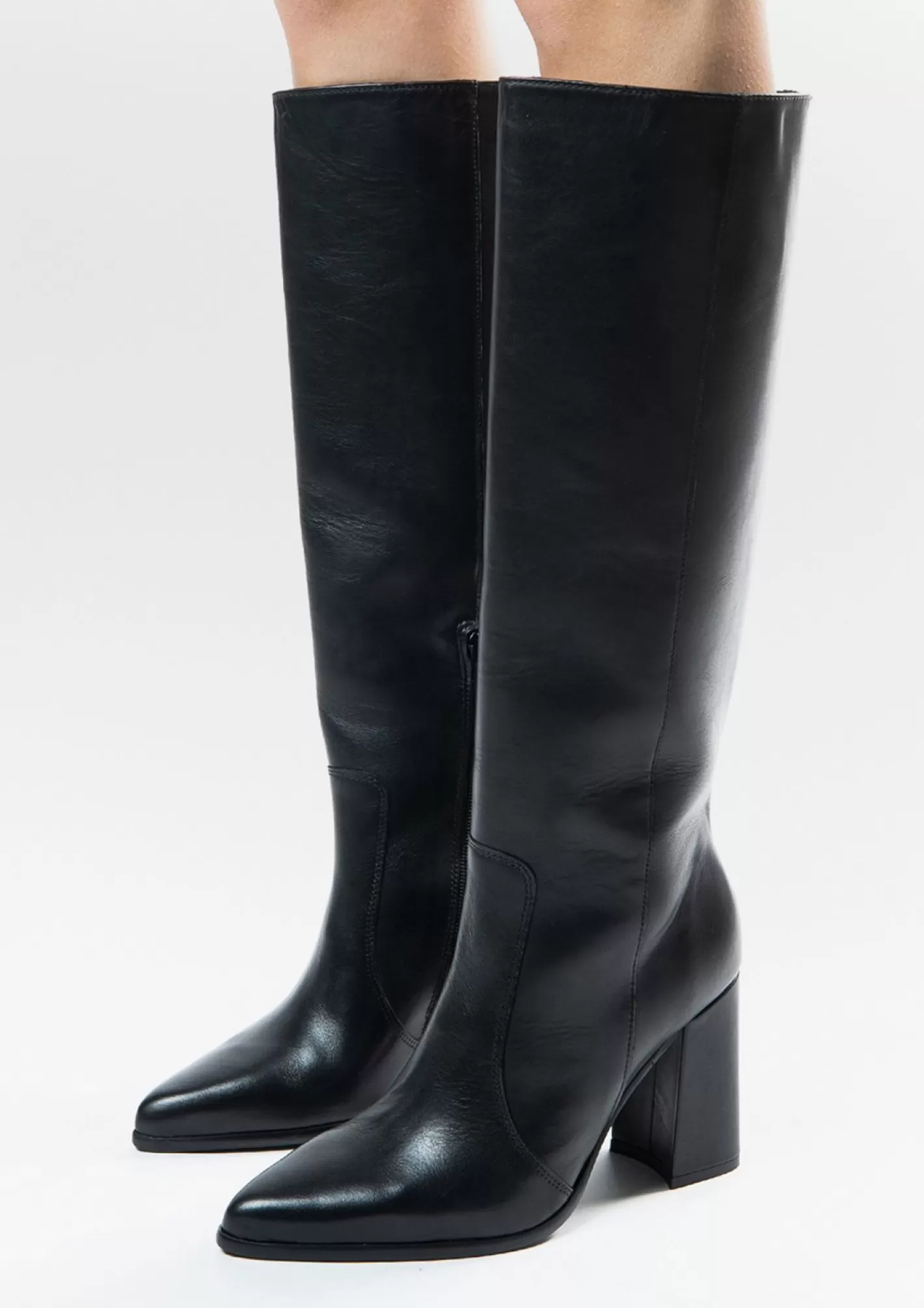 Bottes Hauteur Genou En Cuir Avec Talon - Noir<Sacha New