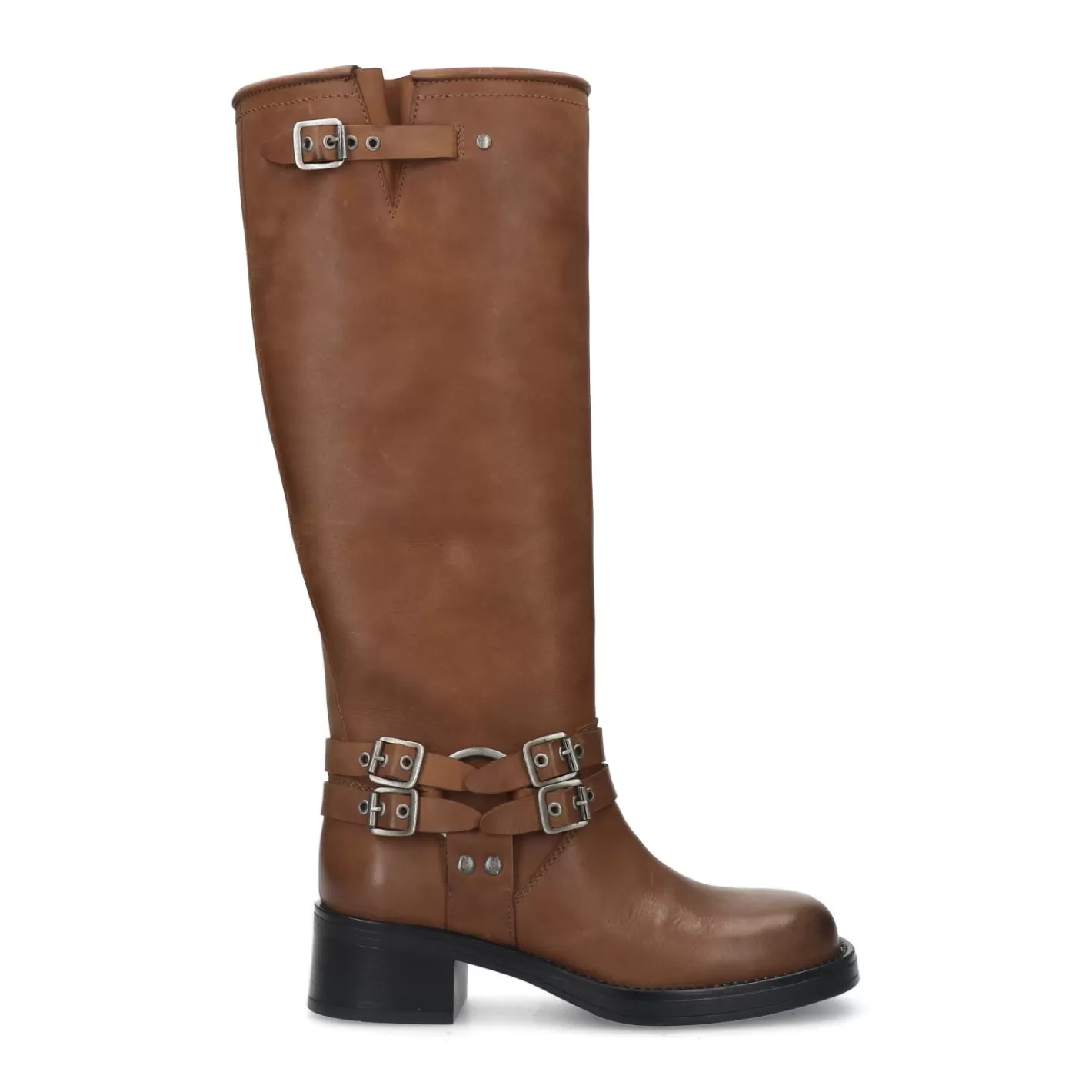 Bottes Motardes A Boucles Tige Large - Marron<Sacha Fashion