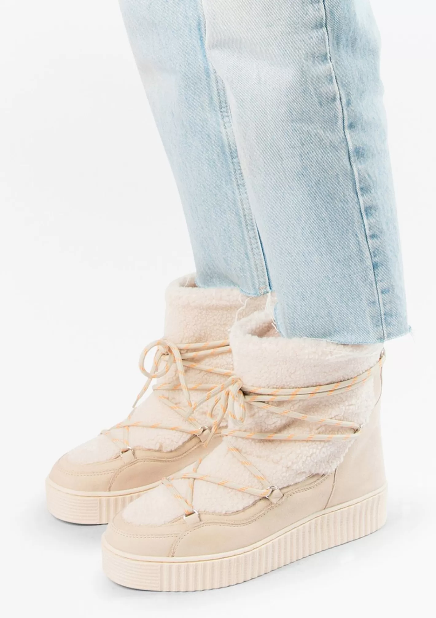 Bottines A Lacets Avec Fausse Fourrure - Blanc Casse<Sacha Clearance