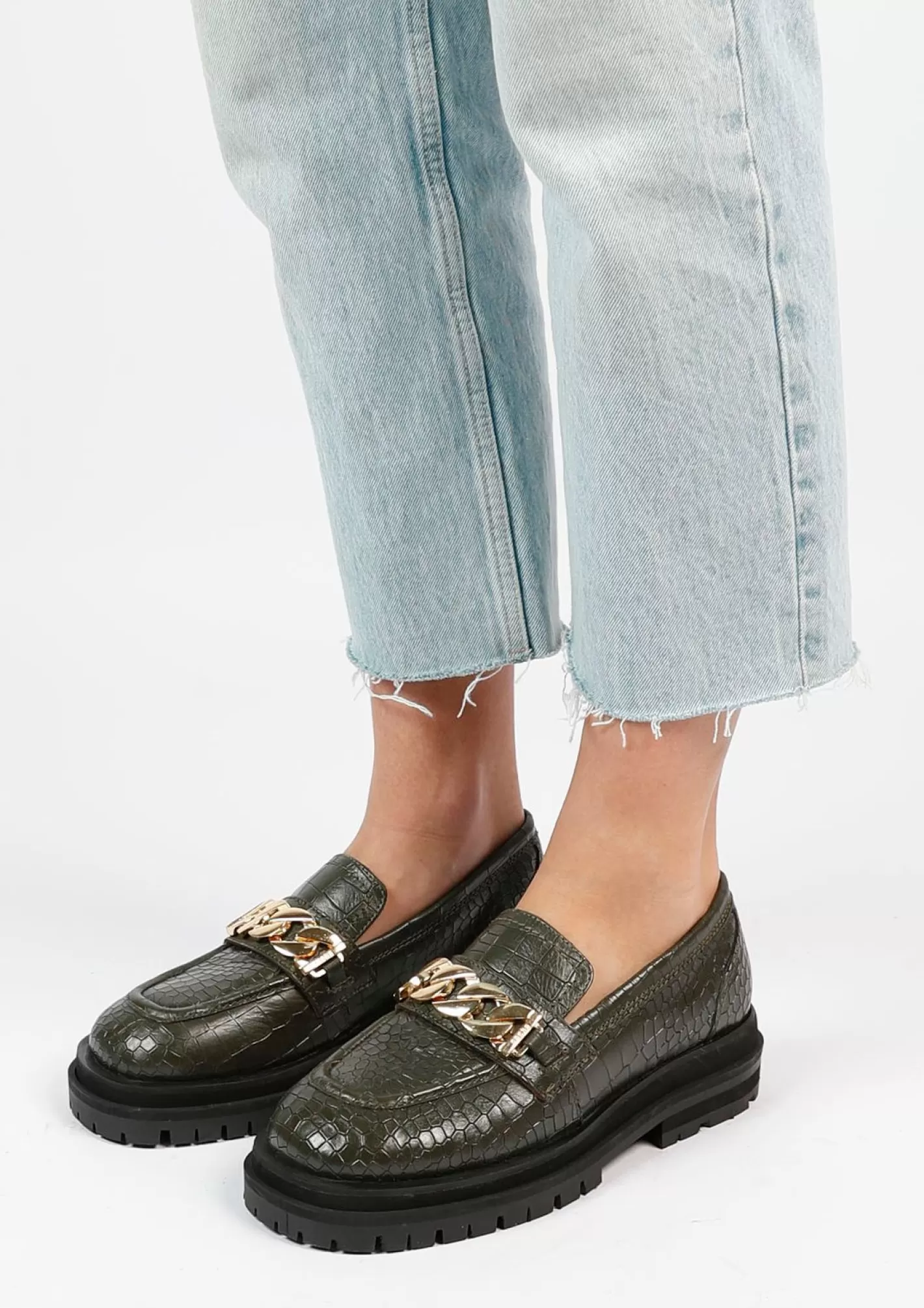 Loafers En Cuir Avec Chaine - Vert Fonce<Sacha Cheap