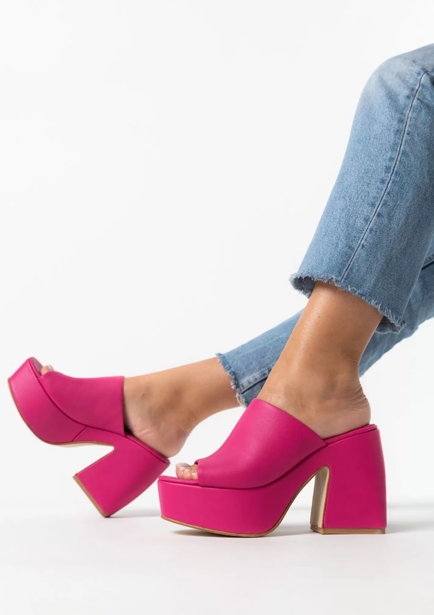 Mules En Cuir A Talon Avec Plateau - Fuchsia<Sacha Fashion