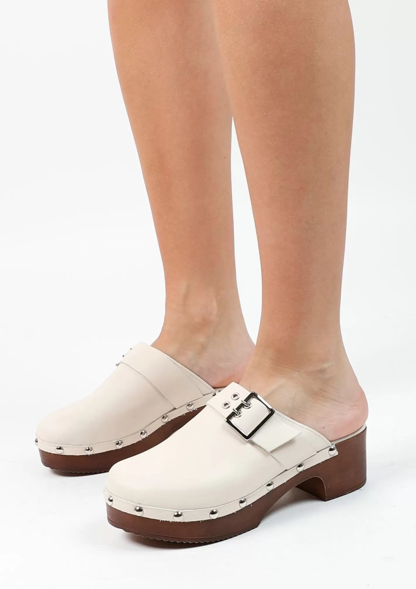 Mules En Cuir Avec Talon En Bois - Blanc Casse<Sacha Flash Sale