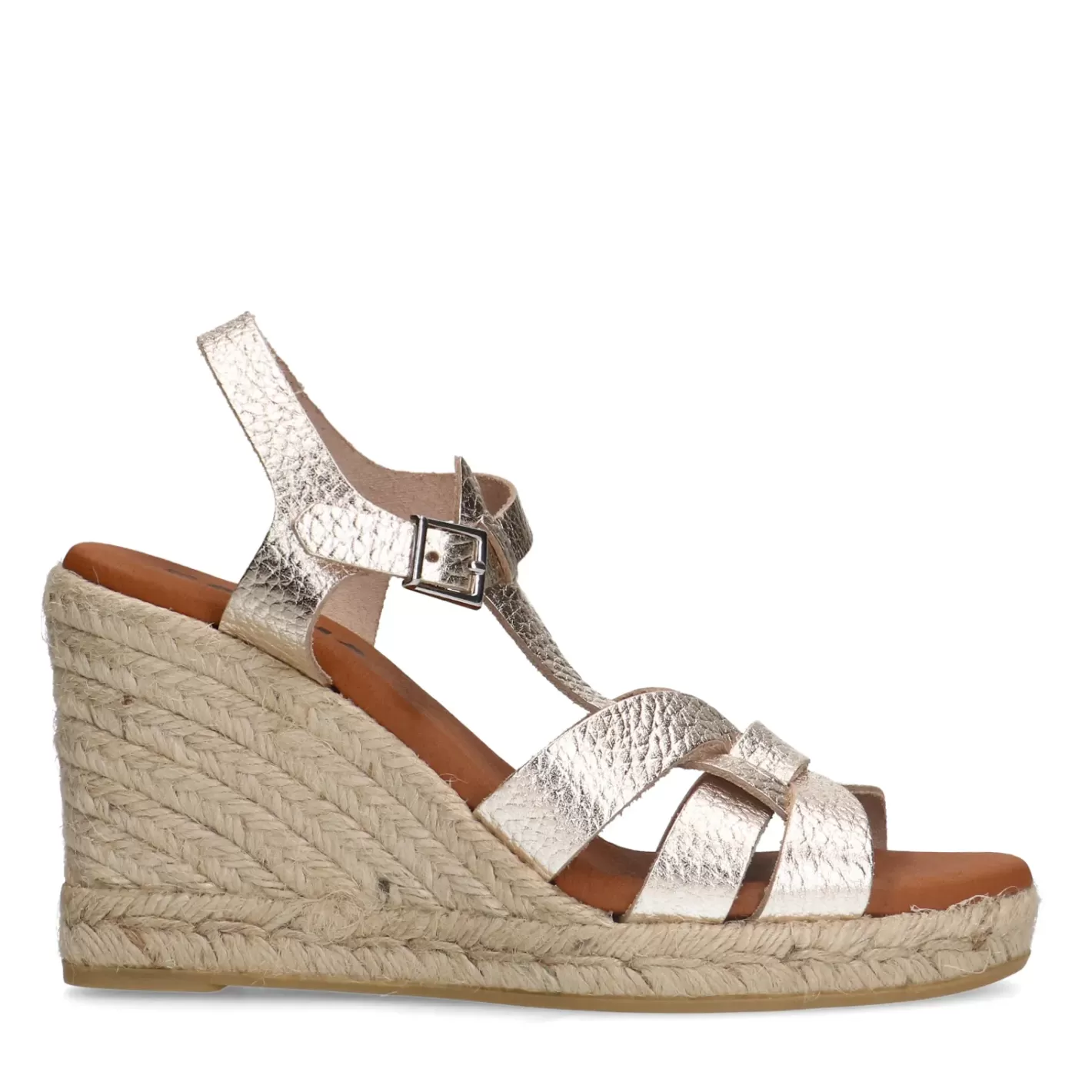 Sandales Cuir A Talon Compense - Dore<Sacha Fashion