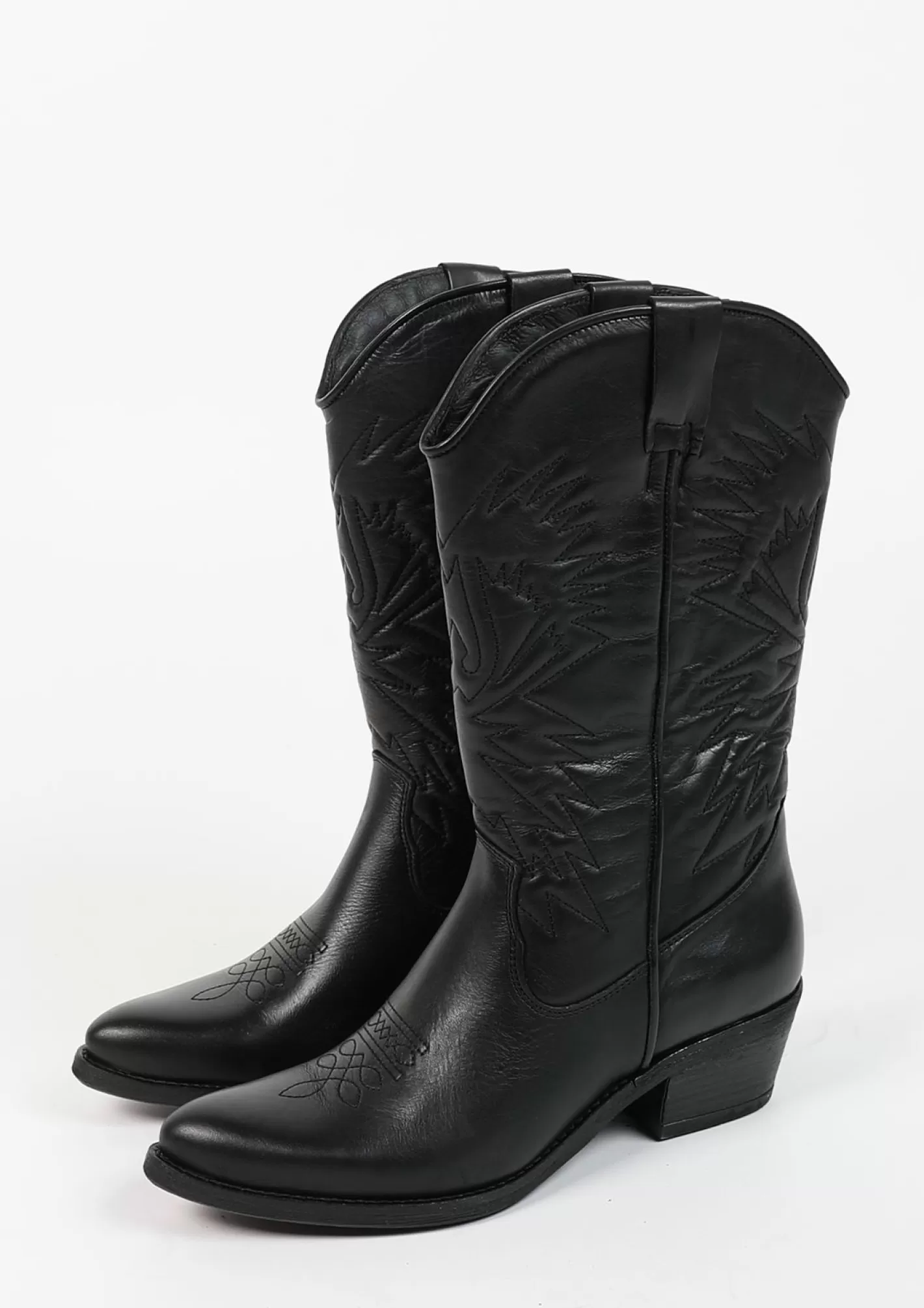 Santiags En Cuir Avec Surpiqures Decoratives - Noir<Sacha Best Sale